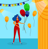 Funny Woman in Clown Costume, Blue Haired Periwig on Head and Red Round Nose Holding in Hands Bunch of Balloon on Backstage Background. Kids Performance in Circus. Cartoon Flat Vector Illustration.