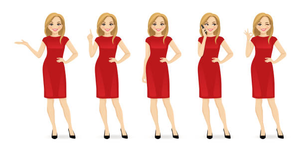 Woman in dress set Young beautiful woman in red dress set with different gestures isolated vector illustration blond hair stock illustrations
