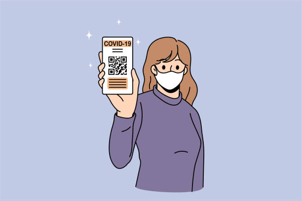 illustrations, cliparts, dessins animés et icônes de une femme en masque facial montre son certificat de vaccination au téléphone - pass sanitaire