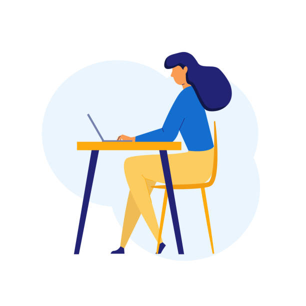 Woman in flat style sitting at the table using computer, laptop in the Workplace. Freelancer woman concept. Female student studying Woman in flat style sitting at the table using computer, laptop in the Workplace. Freelancer woman concept. Female student studying. mary mara stock illustrations