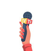 Woman in hand holding microphone TV. Live news, report template. Journalism concept. Journalist, reporters interviews. Vector flat design. Isolated on background. Search for information and hot news.