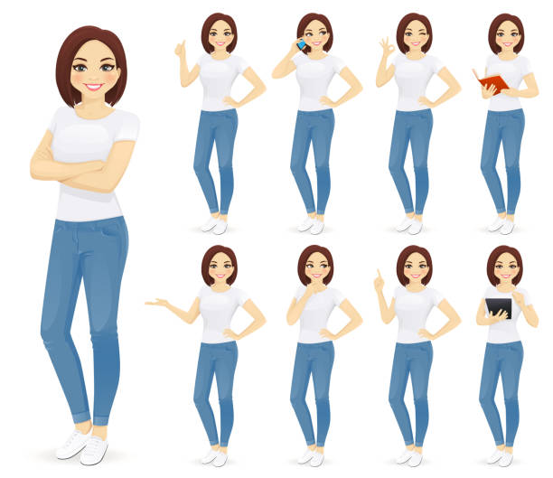 illustrazioni stock, clip art, cartoni animati e icone di tendenza di donna in jeans set - ragazza