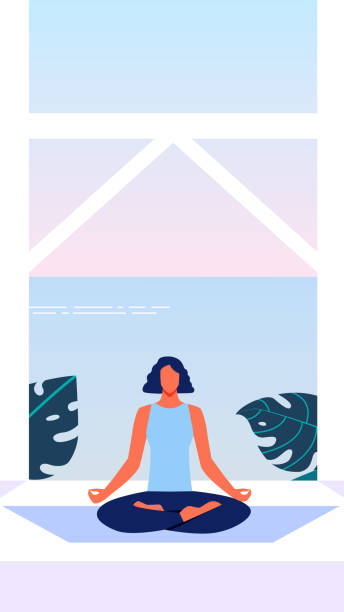 illustrazioni stock, clip art, cartoni animati e icone di tendenza di donna in posizione loto sulla terrazza con vista sul mare - floor top view