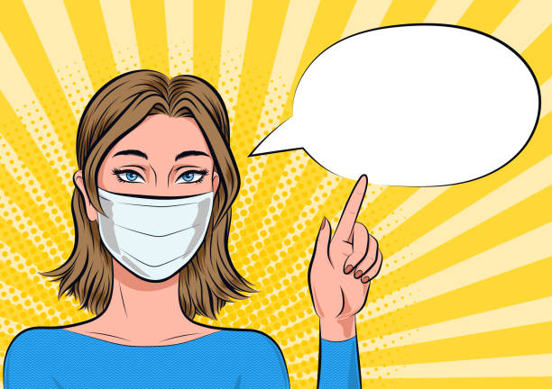 Woman in medical mask pointing on speech bubble for your message, pop art comics style illustration. Brunette woman wearing a surgical face mask Woman in medical mask pointing on speech bubble for your message, pop art comics style illustration. Brunette woman wearing a surgical face mask nurse face stock illustrations