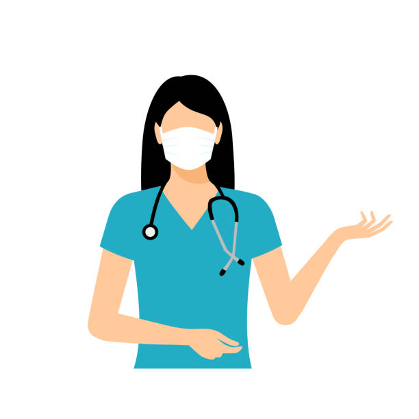 stockillustraties, clipart, cartoons en iconen met de vrouw in medisch masker met een stethoscoop toont hand - arts vrouw mondkapje