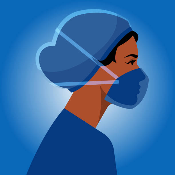 Woman in personal protective equipment - respiratory mask, hair net, Isolation Gown. Woman in personal protective equipment - respiratory mask, hair net, Isolation Gown. Portrait of young woman medical occupation. Latin ethnicity, side view, profile, avatar. Modern vector illustration. nurse face stock illustrations