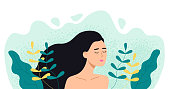 Woman in plants and leaves. Girl with closed eyes in nature. Vector flat illustration.