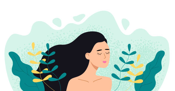 Woman in plants and leaves. Girl with closed eyes in nature. Vector flat illustration. Woman in plants and leaves. Girl with closed eyes in nature. Vector flat illustration. happiness illustrations stock illustrations