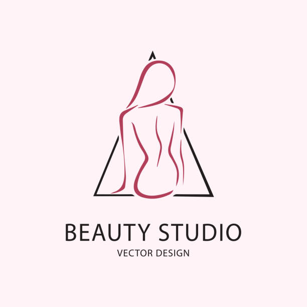 Woman in triangle logo Logo and label for design beauty studio, spa or salon. Pink woman body icon in triangle. Grey lettering, calligraphy vector illustration isolated on light background beauty silhouettes stock illustrations