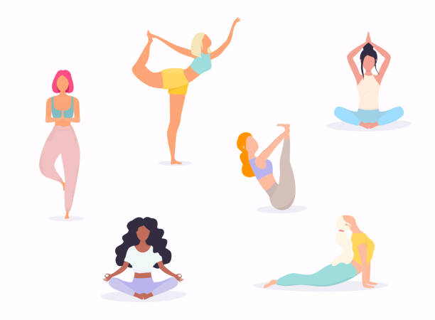 요가의 다양한 포즈에서 여자. 요가 피트니스 운동을하고 여자의 모양. 요가 위치의 집합입니다. - yoga stock illustrations