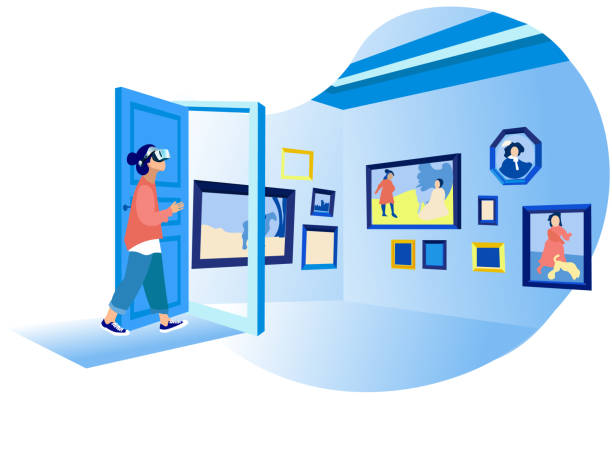 Woman in VR Looking at Virtual Art Gallery Paints Woman in her Room Wearing Virtual Glasses and Looking at Virtual Art Gallery or Museum. Vr Education, Entertainment and Augmented Reality Scene with Female Character. Cartoon Flat Vector Illustration virtual reality stock illustrations