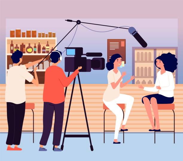 Woman interview in bar. Vlog or bloggers, video content for social media. Videographer and journalist, girls talking vector illustration Woman interview in bar. Vlog or bloggers, video content for social media. Videographer and journalist, girls talking vector illustration. Broadcast cartoon record and broadcasting by journalist interview background stock illustrations