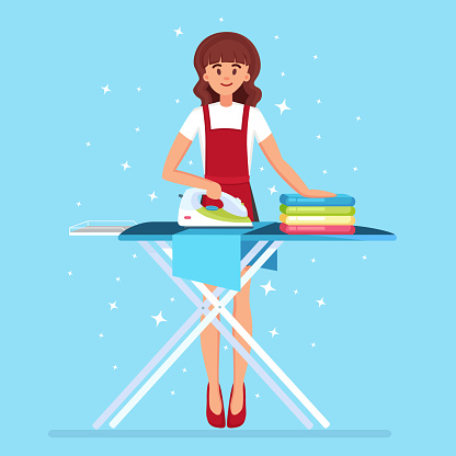 Woman ironing clothes on board. Housewife doing domestic work. Maid service. Vector cartoon design