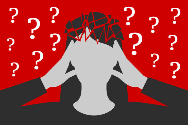 Woman is suffering from headache caused by unresolved questions Black-and-white woman is clasping her head with hands, suffering from unbearable headache caused by many questions asked or unresolved, head is broken down to fragments, over depressive red background exhaustion stock illustrations