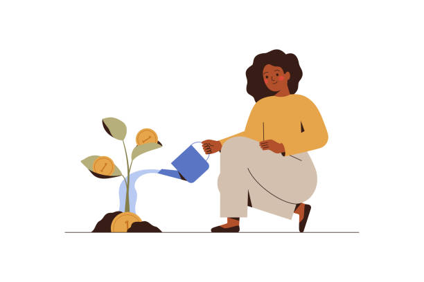 Woman is watering a money tree. Black businesswoman grows plant with coins. Green economy and funding concept. vector art illustration