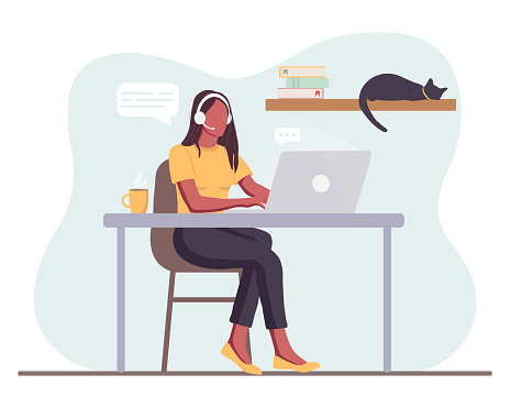 Woman is working  at the desktop with a laptop and headphones with microphone. Concept illustration for support, assistance, call center. Vector illustration in cartoon style