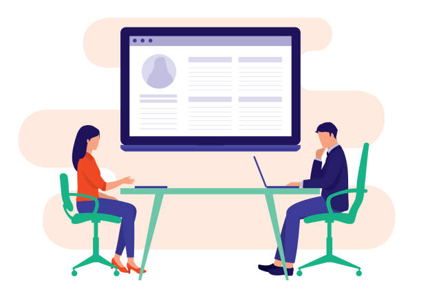 Woman Job Applicant Introducing Herself To Manager. Job Interview Concept. Vector Illustration. Recruiter Interviewing And Listening To Job Candidate. job interview stock illustrations