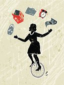 Work-life balance! A stylized vector cartoon of a woman juggling her responsibilities whilst riding a unicycle. Suggesting  -moving house,work-life balance, women's issues, multi-tasking, home finance, under pressure, time management, time pressure or strength.  Unicycle, woman, baby, house, clock, case, note, paper texture and background are on different layers for easy editing. Please note: clipping paths have been used,  an eps version is included without the path.
