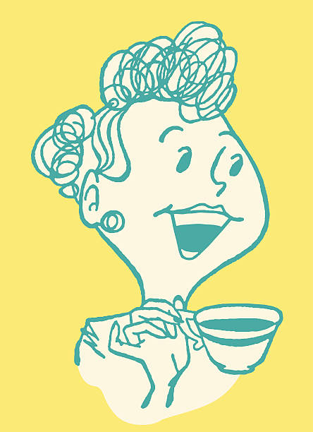 ilustraciones, imágenes clip art, dibujos animados e iconos de stock de mujer riendo de retención y café - curley cup
