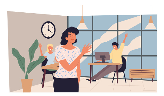 Young woman leaving office and saying goodbye to colleagues. She going home after a day at the office. Cute female character leaving workplace. Daily routine concept. Flat cartoon vector illustration