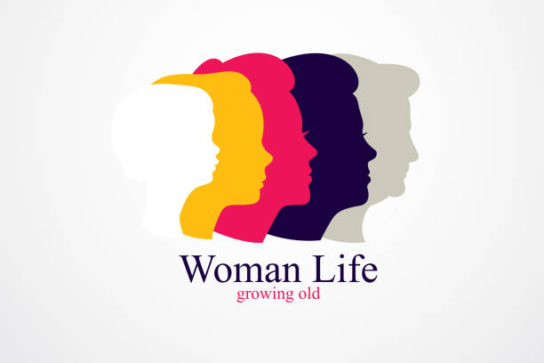 Woman life age years concept, the time of life, periods and cycle of life, growing old, maturation and aging, one generation and age categories. Vector simple classic icon Woman life age years concept, the time of life, periods and cycle of life, growing old, maturation and aging, one generation and age categories. Vector simple classic icon growth silhouettes stock illustrations