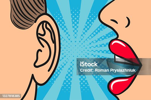 istock Woman lips whispering in mans ear with speech bubble. Pop Art style, comic book illustration. Secrets and gossip concept. 1327818385