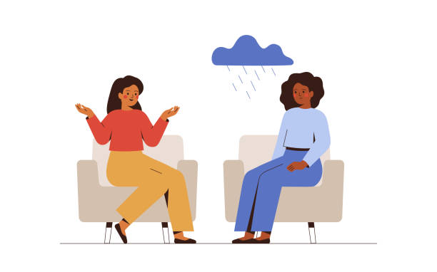Woman listerning her toxic friend and feeling anxienty and sadness. Conversation between extrovert and introvert. Colleague violating personal boundaries. Concept of unhealthy communication concept. vector art illustration