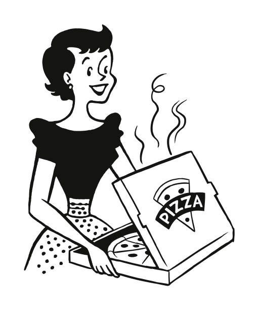 stockillustraties, clipart, cartoons en iconen met vrouw op zoek naar een pizza in een doos - woman eating