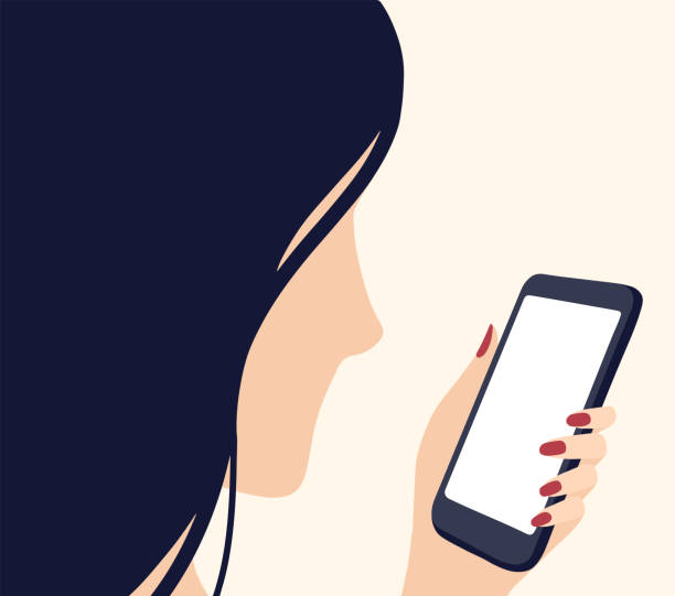 Woman looking at her mobile phone. Modern minimalistic flat illustration of girl in profile looking at blank screen of a smartphone. Smartphone and social media addiction vector concept eps 10 selfie designs stock illustrations