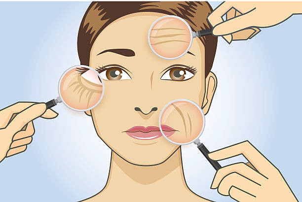 Woman magnifying wrinkle on face A magnifier on hand magnifying the woman facial to finding wrinkle around her face area. cartoon of a wrinkled old lady stock illustrations