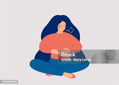 istock Woman makes Breathing exercise. Girl sits on the floor in pose lotus and makes a exhale. Recovery Respiratory system after illness. 1320460838
