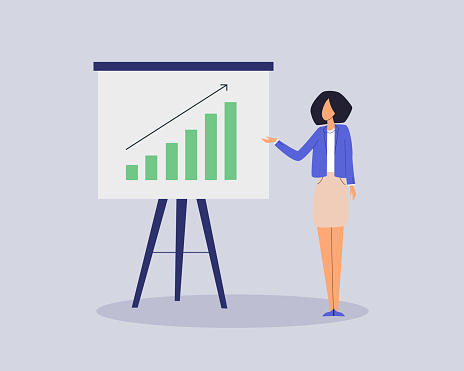 Woman making presentation.Diagram,marketing data,company business seminar,financial report, corporate growth. Business female character standing and pointing at presentation board. Vector illustration
