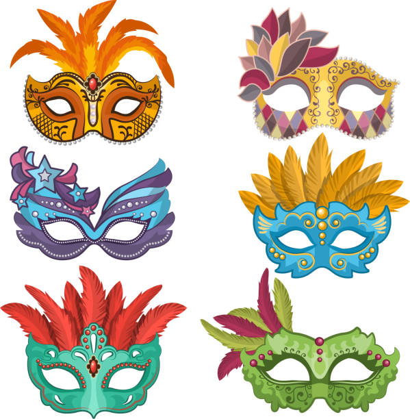 Woman masks with feathers for masquerade Woman masks with feathers for masquerade. Collection of masquerade mask, carnival venetian. Vector illustration mardi gras women stock illustrations