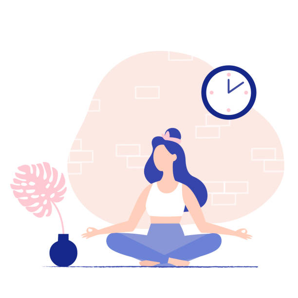 frau meditiert zu hause. meditation pose. - yoga stock-grafiken, -clipart, -cartoons und -symbole