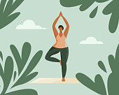 Woman meditating, practicing yoga around leaves, enjoying meditation. Illustration for yoga, meditation, relax, balance, healthy lifestyle. Vector illustration in flat cartoon style