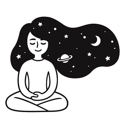 Woman meditating with space hair