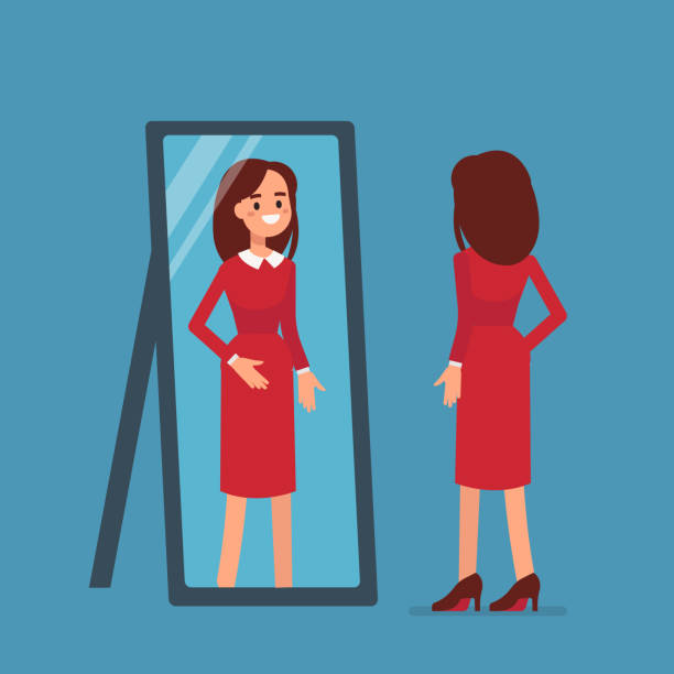 woman mirror Woman standing and looking in mirror. Flat style vector illustration. bathroom borders stock illustrations