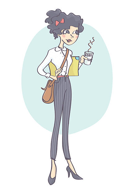 Woman on a coffee break Pretty, stylish business woman or student standing and holding cup of hot drink. Fashionable, hipster  girl having a coffee break. curley cup stock illustrations