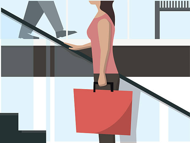 Woman on an Escalator Woman on an escalator in semi-casual clothing moving up in a commercial building mall of america stock illustrations
