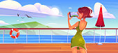 Woman on cruise liner deck shoot seascape view on smartphone, girl in summer dress photographing ocean on ship or sailboat. Summertime vacation journey on passenger vessel, Cartoon vector illustration