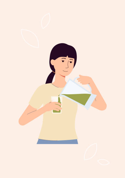 Woman on healthy diet pouring green smoothie from blender to glass Woman on healthy diet pouring green smoothie from blender to glass and smiling - isolated cartoon girl making detox vegetable drink. Isolated flat vector illustration. juice drink stock illustrations