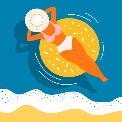 Woman on swimming rubber ring vector concept. Top view of a tanned girl with a hat on a blue water wave background. Relaxing, remote working character on the summer sea, beach, pool
