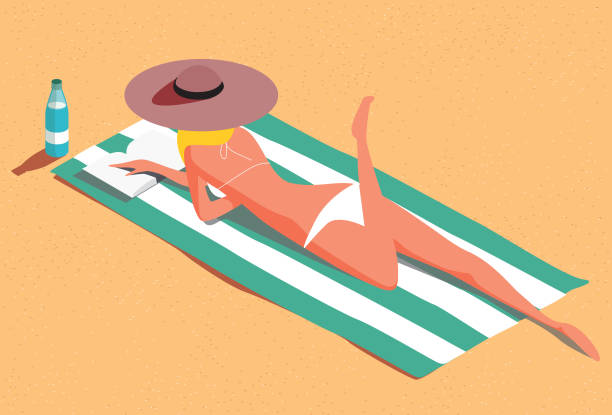 ilustrações de stock, clip art, desenhos animados e ícones de woman on the beach sunbathing and reading - beach towel