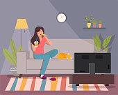 Girl eats a burger and watches TV on the sofa. Vector flat illustration