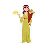 Woman or Demeter Greek Goddess stands holding cornucopia and wheat cartoon style, vector illustration isolated on white background. Ceres mythological queen of harvest with horn of plenty