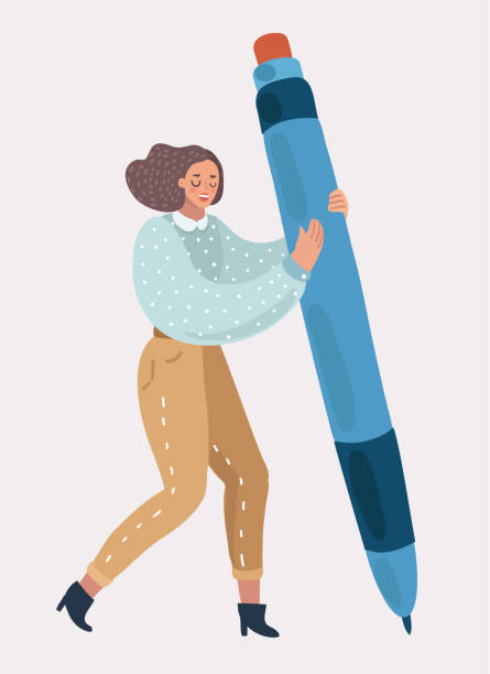 ilustrações de stock, clip art, desenhos animados e ícones de woman or girl holding in her hands a big pen - man with pen