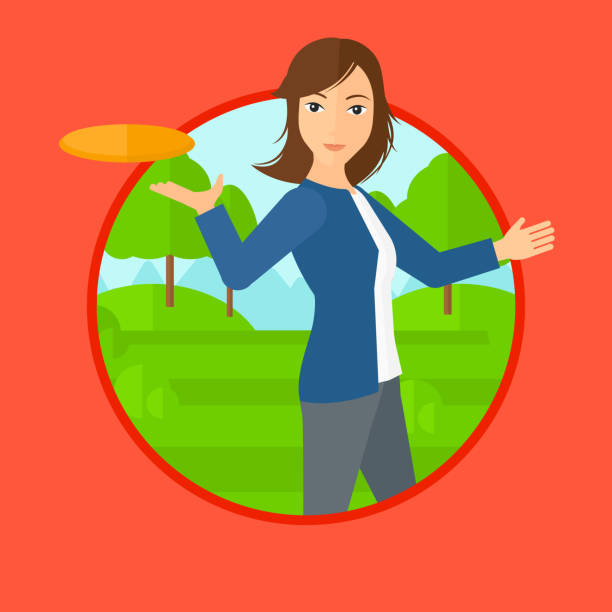 Woman playing flying disc A sportive woman playing flying disc in the park. Young woman throwing a flying disc. Sportswoman catching flying disc outdoors. Vector flat design illustration in the circle isolated on background. frisbee clipart stock illustrations