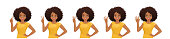 Smiling beatiful woman with afro hairstyle pointing up. One, two, three, four, five fingers isolated vector illustration