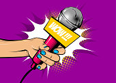 WOW news comic text speech bubble. Woman pop art style fashion. Girl hand hold microphone cartoon vector illustration. Retro poster comimc book performance. Entertainment halftone background.