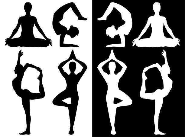 Woman practicing yoga icons A woman performing various yoga poses in silhouette. yoga clipart stock illustrations